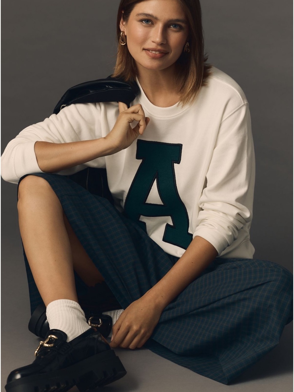 Anthropologie Maeve Crew Letter Sweatshirt A White Crewneck Collegiate Sz M